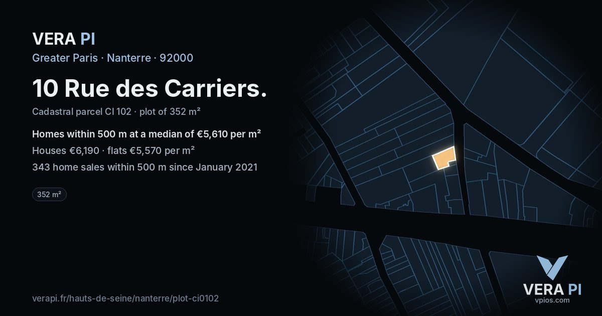 10 Rue des Carriers, Nanterre at night – the plot lit, the parcels around coloured by the prices near them