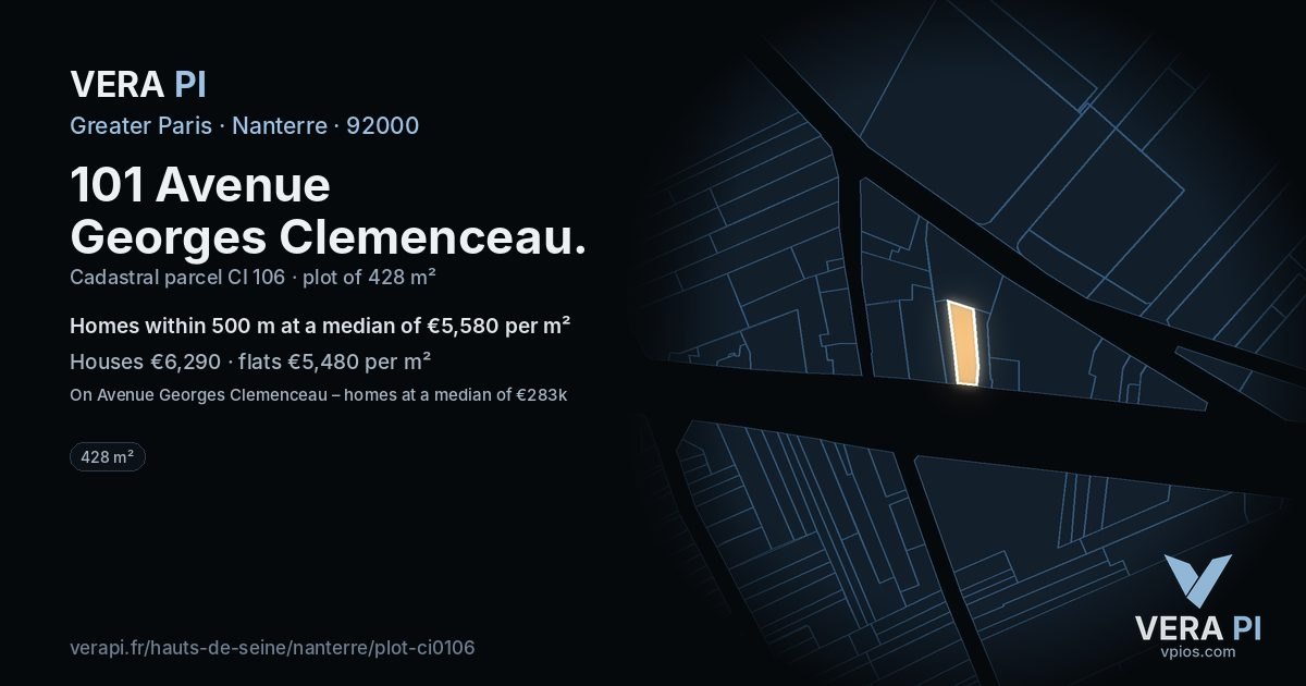 101 Avenue Georges Clemenceau, Nanterre at night – the plot lit, the parcels around coloured by the prices near them