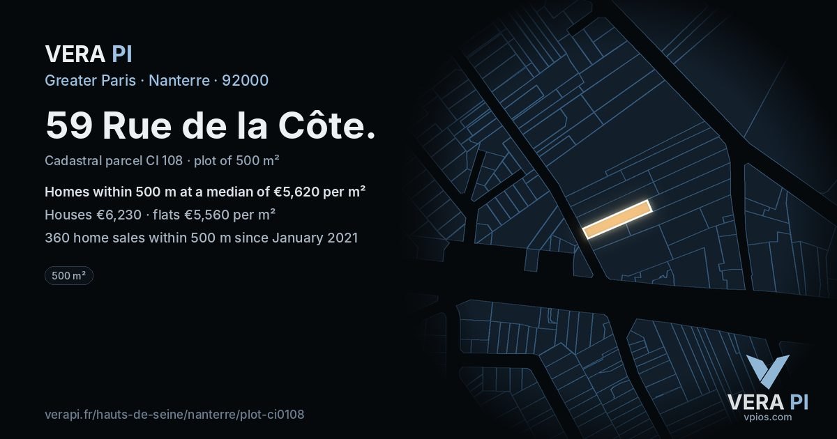 59 Rue de la Côte, Nanterre at night – the plot lit, the parcels around coloured by the prices near them