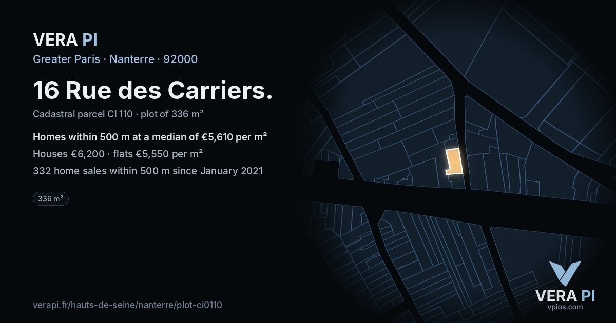 16 Rue des Carriers, Nanterre at night – the plot lit, the parcels around coloured by the prices near them
