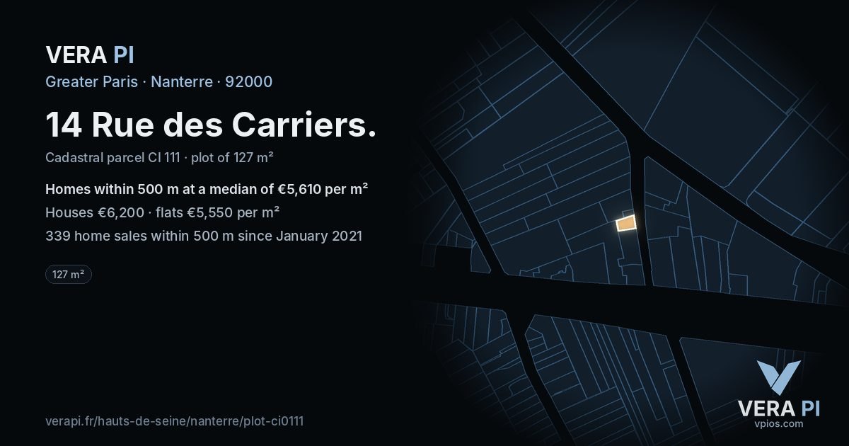 14 Rue des Carriers, Nanterre at night – the plot lit, the parcels around coloured by the prices near them