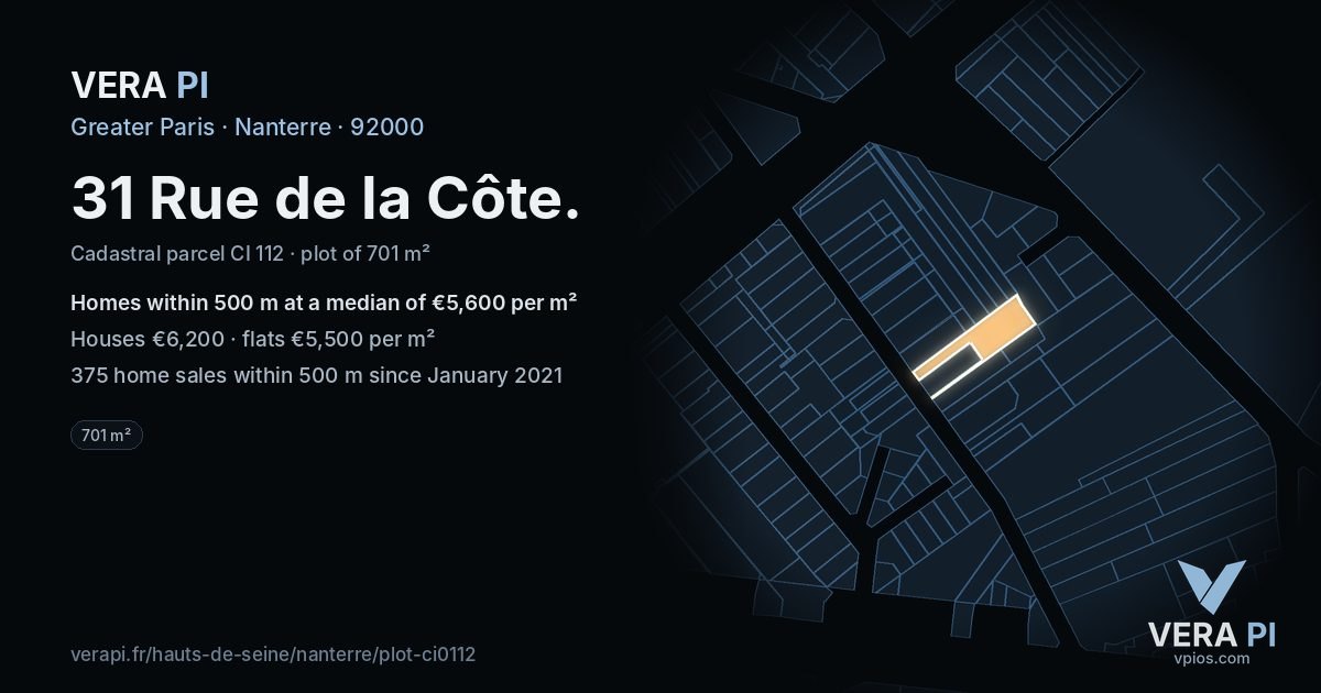 31 Rue de la Côte, Nanterre at night – the plot lit, the parcels around coloured by the prices near them