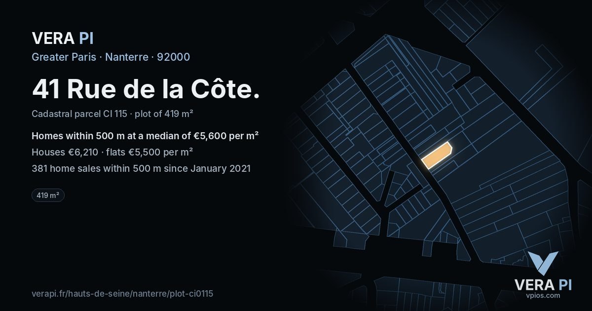 41 Rue de la Côte, Nanterre at night – the plot lit, the parcels around coloured by the prices near them