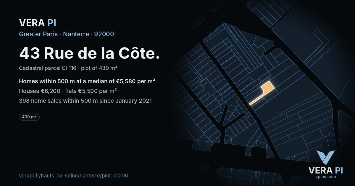 43 Rue de la Côte, Nanterre at night – the plot lit, the parcels around coloured by the prices near them