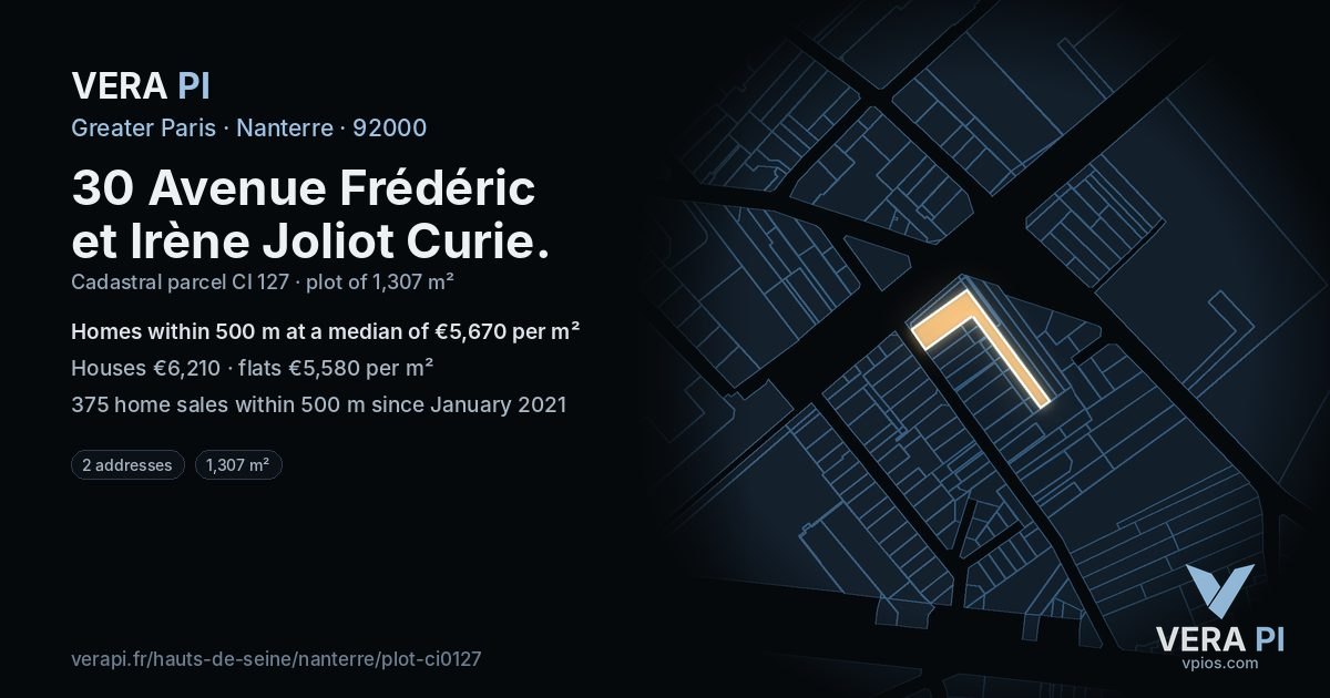 30 Avenue Frédéric et Irène Joliot Curie, Nanterre at night – the plot lit, the parcels around coloured by the prices near them