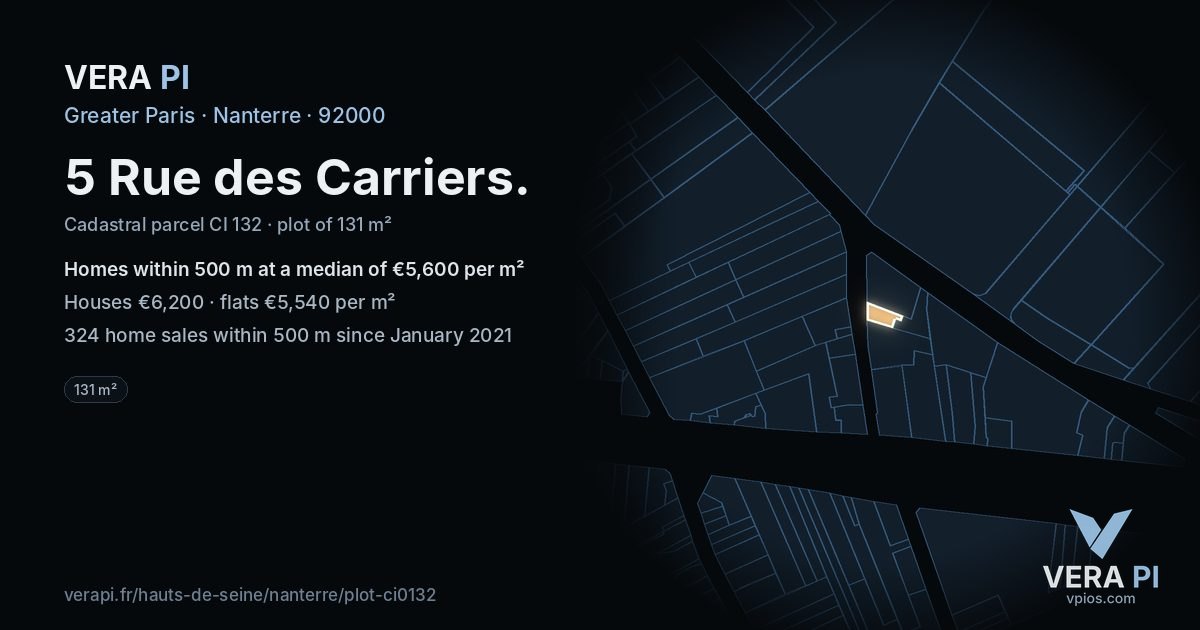 5 Rue des Carriers, Nanterre at night – the plot lit, the parcels around coloured by the prices near them