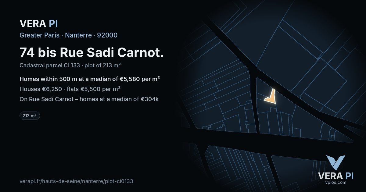 74 bis Rue Sadi Carnot, Nanterre at night – the plot lit, the parcels around coloured by the prices near them