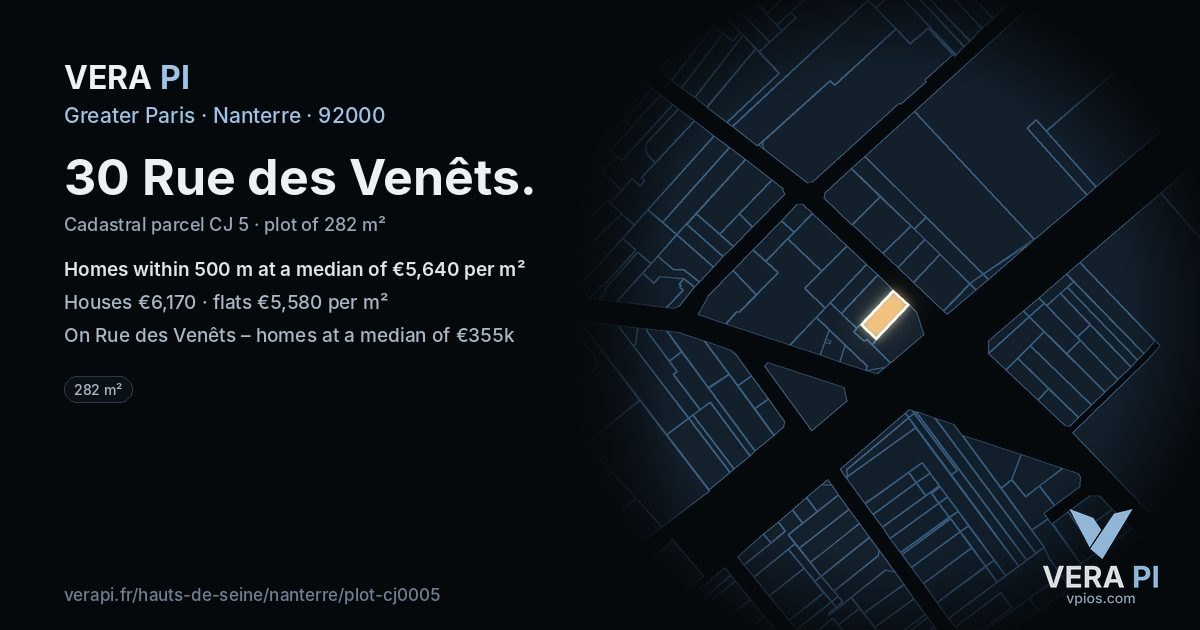 30 Rue des Venêts, Nanterre at night – the plot lit, the parcels around coloured by the prices near them