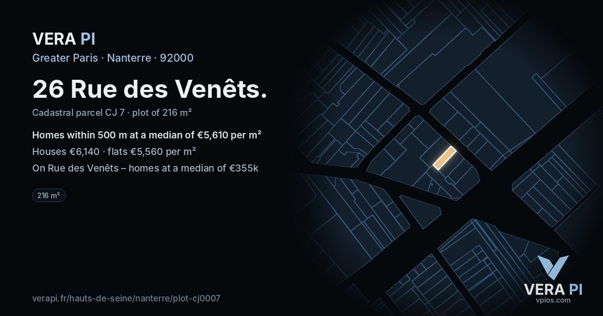 26 Rue des Venêts, Nanterre at night – the plot lit, the parcels around coloured by the prices near them