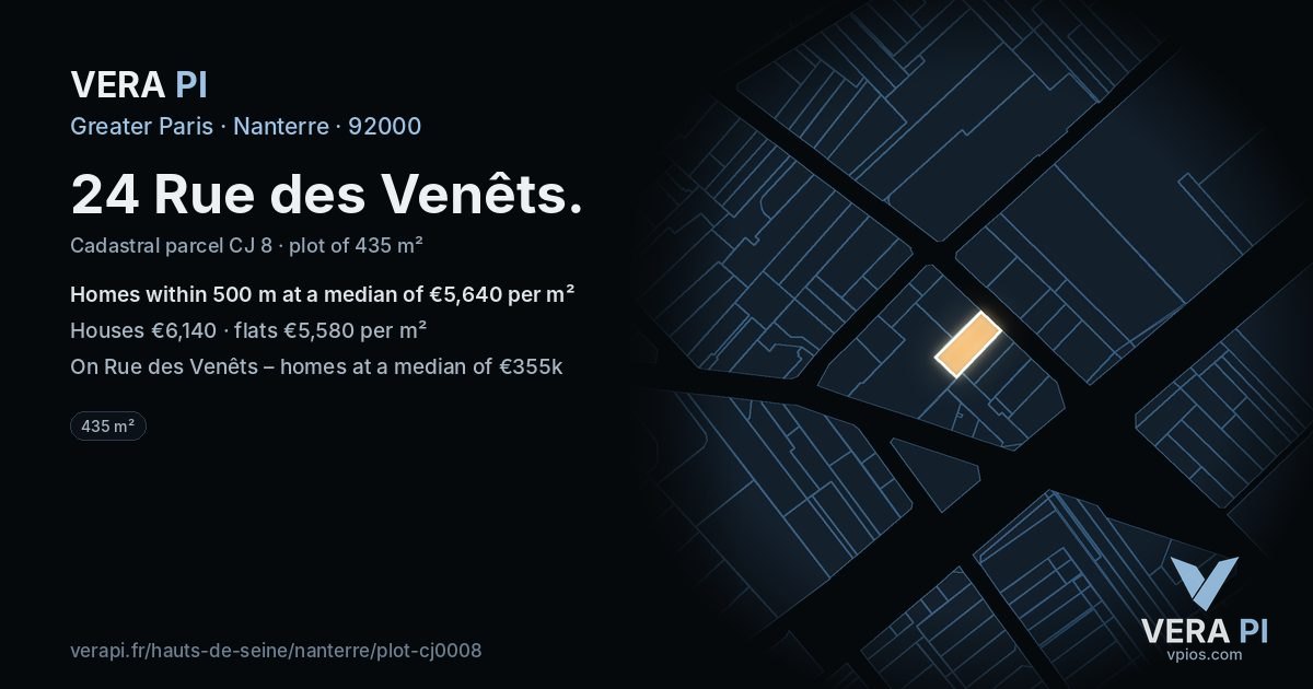 24 Rue des Venêts, Nanterre at night – the plot lit, the parcels around coloured by the prices near them