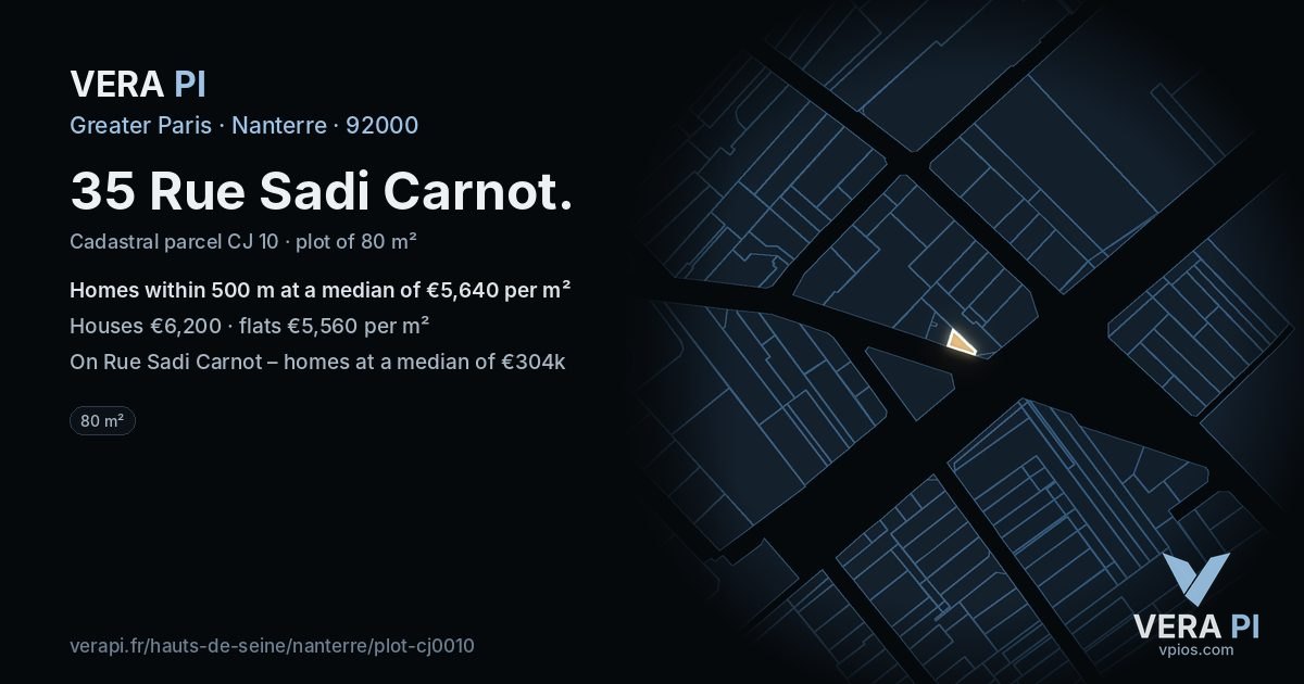 35 Rue Sadi Carnot, Nanterre at night – the plot lit, the parcels around coloured by the prices near them