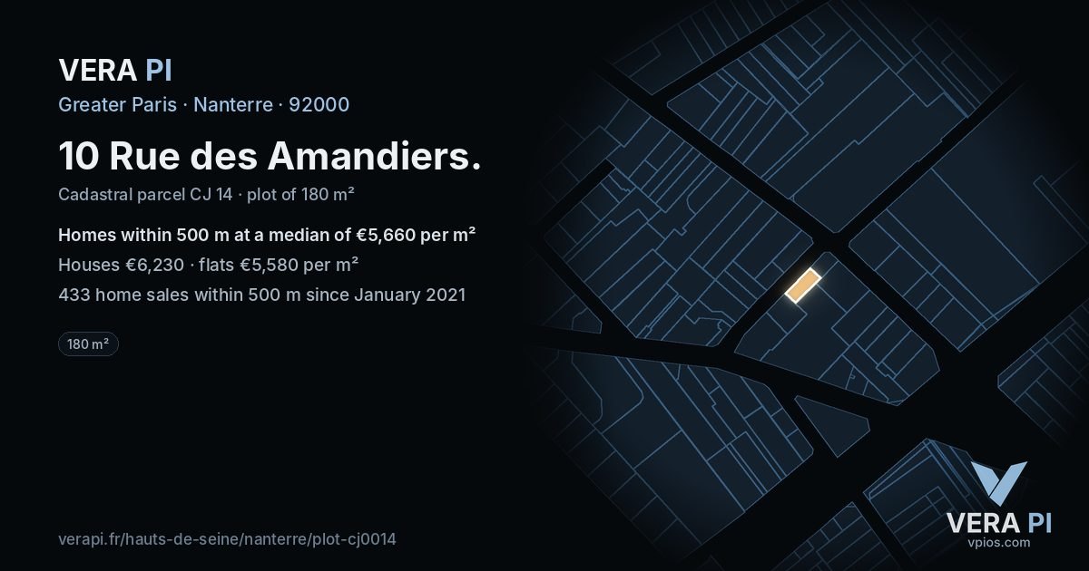 10 Rue des Amandiers, Nanterre at night – the plot lit, the parcels around coloured by the prices near them