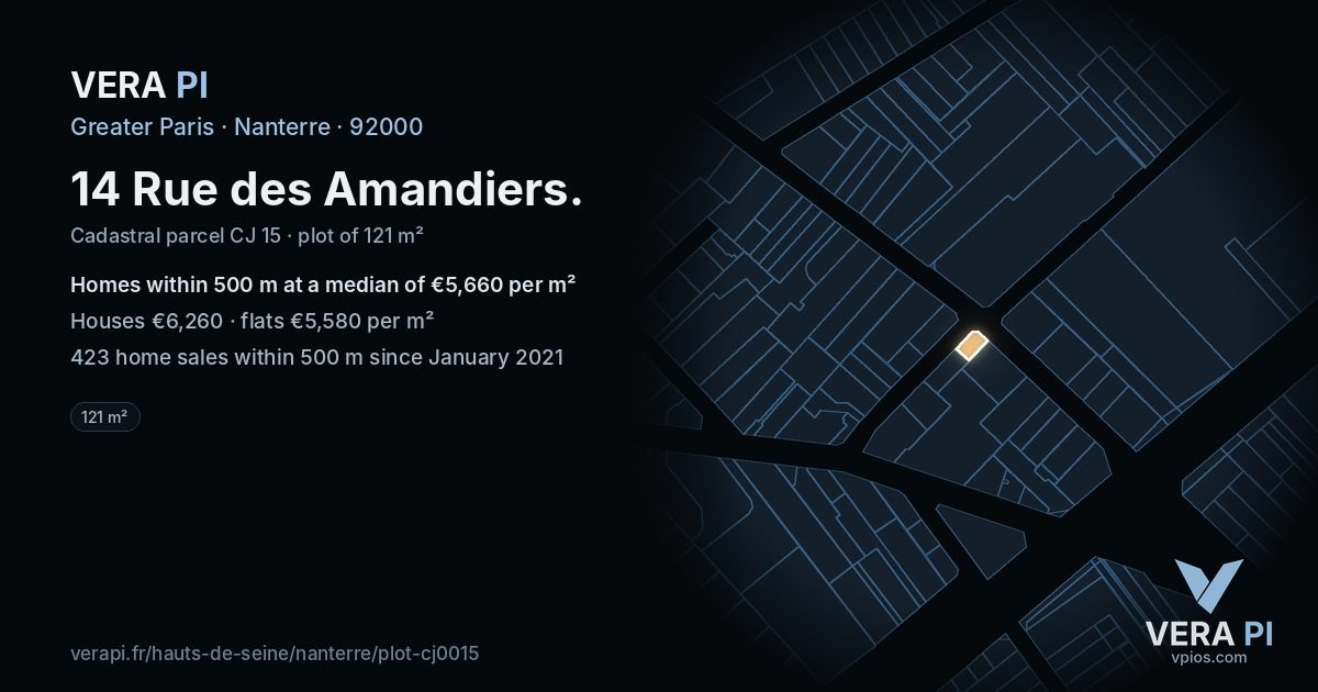 14 Rue des Amandiers, Nanterre at night – the plot lit, the parcels around coloured by the prices near them