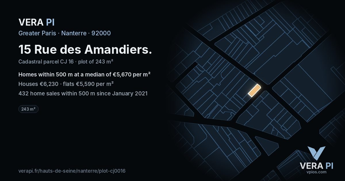 15 Rue des Amandiers, Nanterre at night – the plot lit, the parcels around coloured by the prices near them