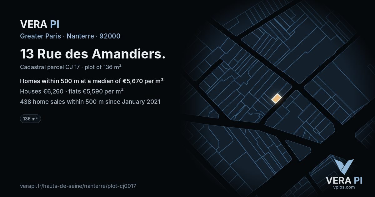 13 Rue des Amandiers, Nanterre at night – the plot lit, the parcels around coloured by the prices near them