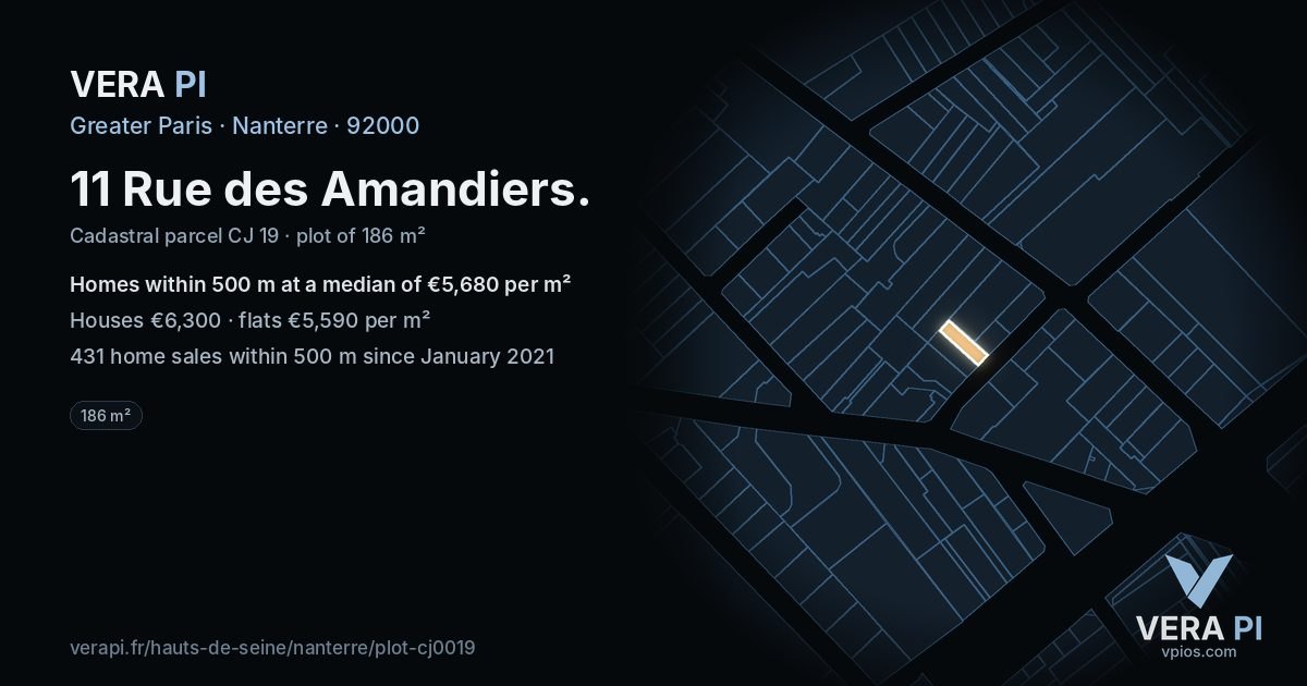 11 Rue des Amandiers, Nanterre at night – the plot lit, the parcels around coloured by the prices near them