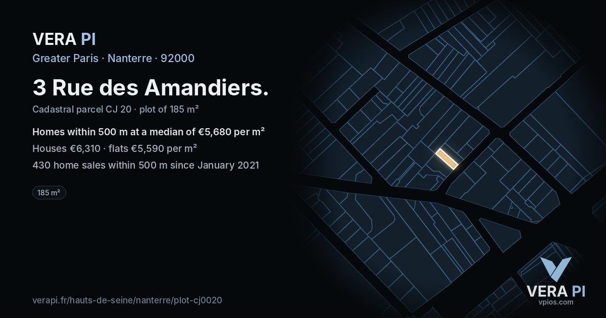 3 Rue des Amandiers, Nanterre at night – the plot lit, the parcels around coloured by the prices near them