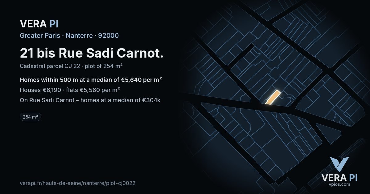 21 bis Rue Sadi Carnot, Nanterre at night – the plot lit, the parcels around coloured by the prices near them