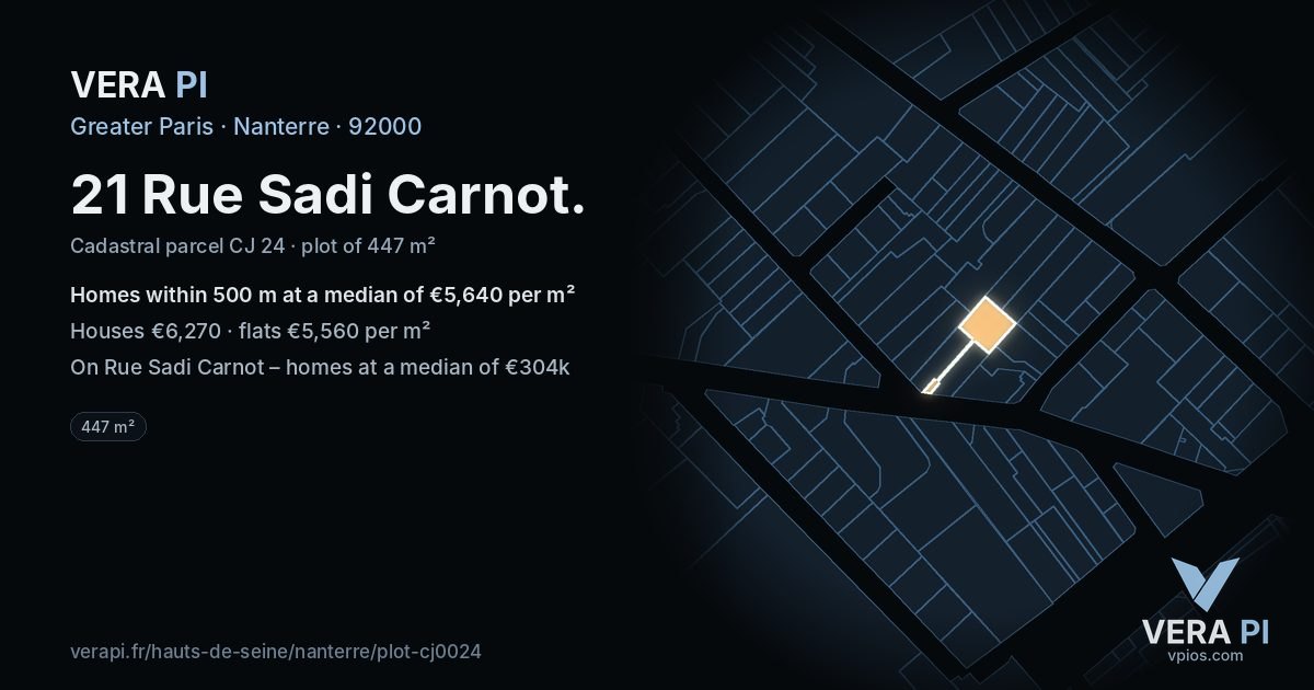 21 Rue Sadi Carnot, Nanterre at night – the plot lit, the parcels around coloured by the prices near them