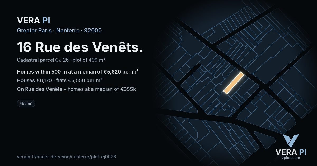 16 Rue des Venêts, Nanterre at night – the plot lit, the parcels around coloured by the prices near them