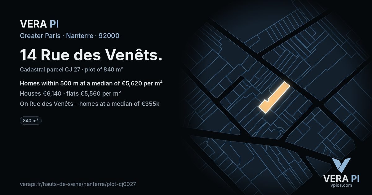 14 Rue des Venêts, Nanterre at night – the plot lit, the parcels around coloured by the prices near them