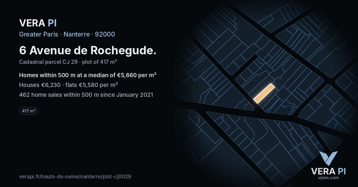 6 Avenue de Rochegude, Nanterre at night – the plot lit, the parcels around coloured by the prices near them