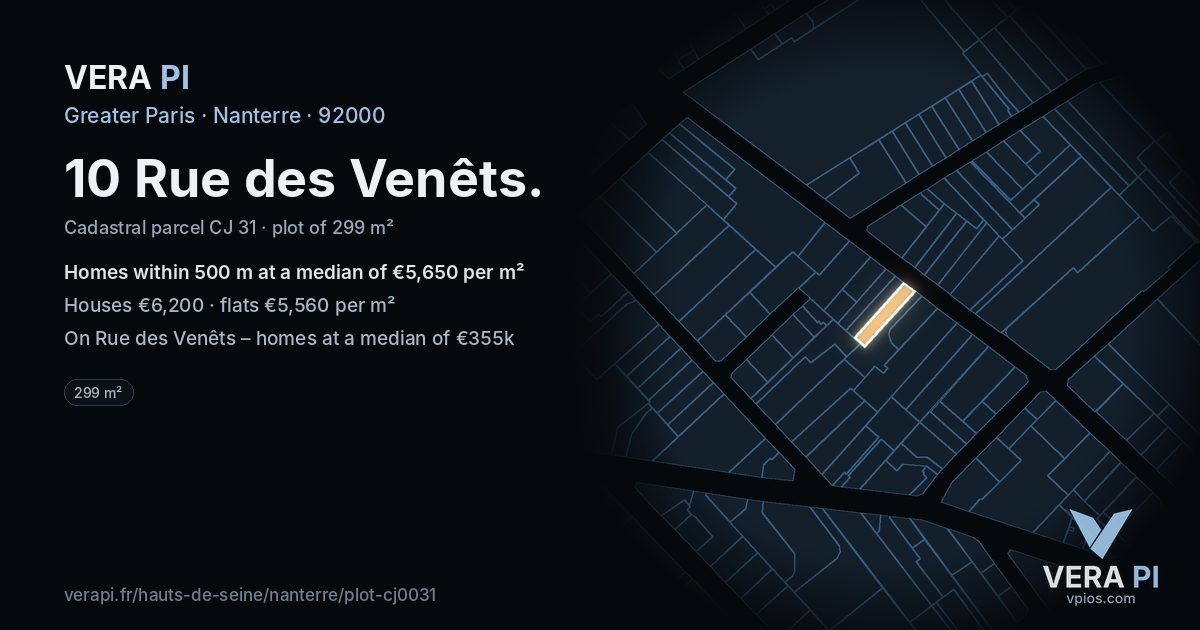10 Rue des Venêts, Nanterre at night – the plot lit, the parcels around coloured by the prices near them