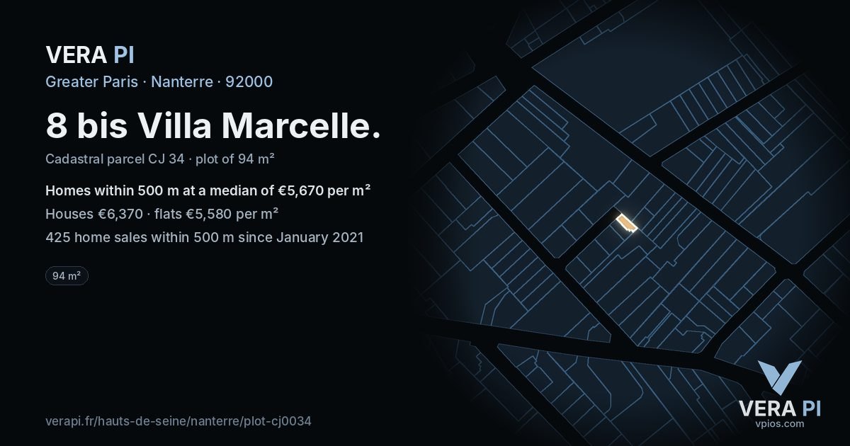 8 bis Villa Marcelle, Nanterre at night – the plot lit, the parcels around coloured by the prices near them