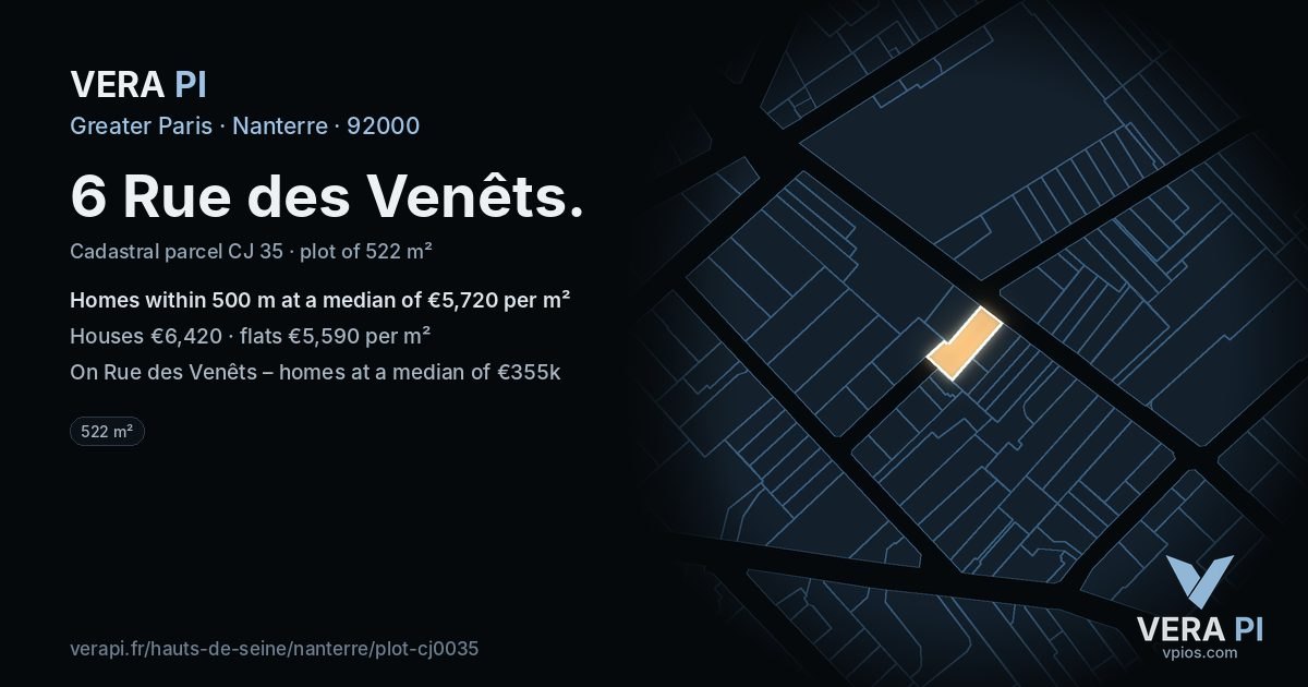 6 Rue des Venêts, Nanterre at night – the plot lit, the parcels around coloured by the prices near them