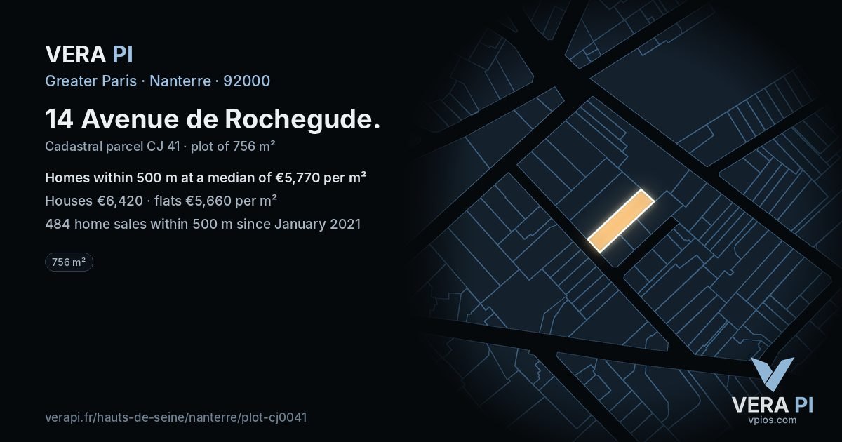 14 Avenue de Rochegude, Nanterre at night – the plot lit, the parcels around coloured by the prices near them