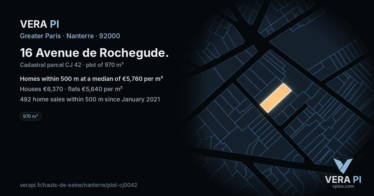 16 Avenue de Rochegude, Nanterre at night – the plot lit, the parcels around coloured by the prices near them