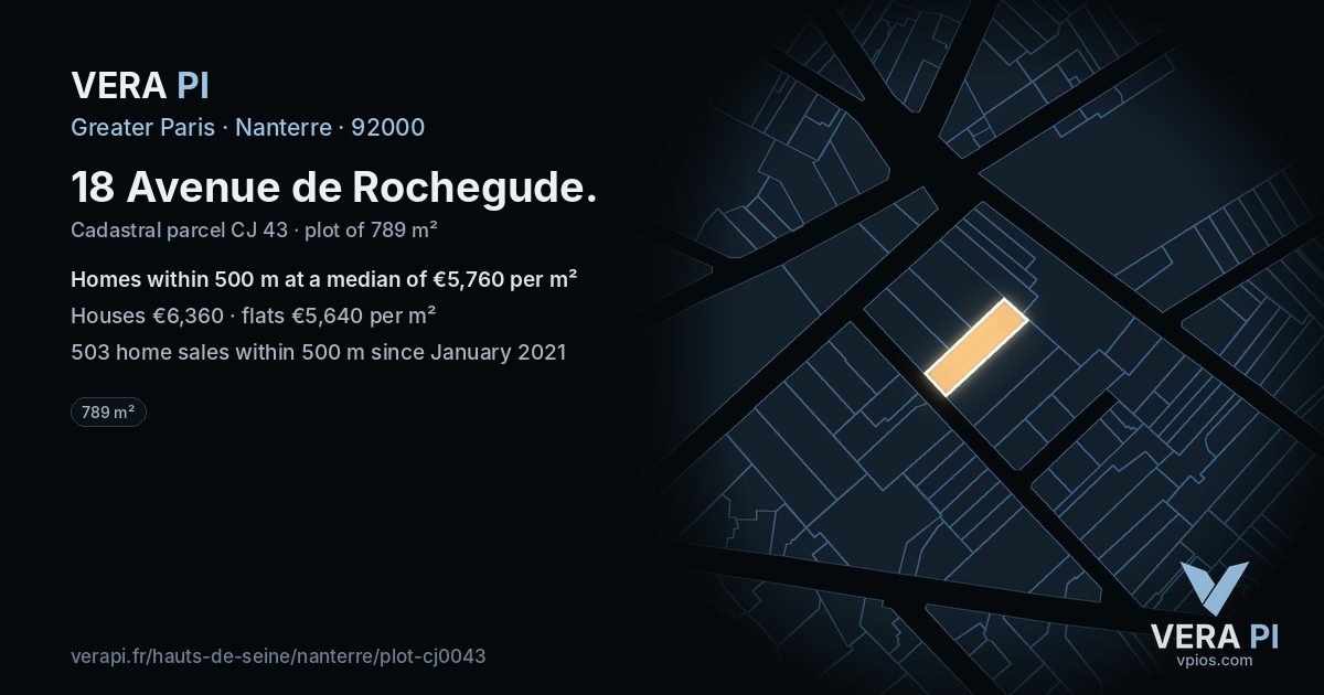 18 Avenue de Rochegude, Nanterre at night – the plot lit, the parcels around coloured by the prices near them
