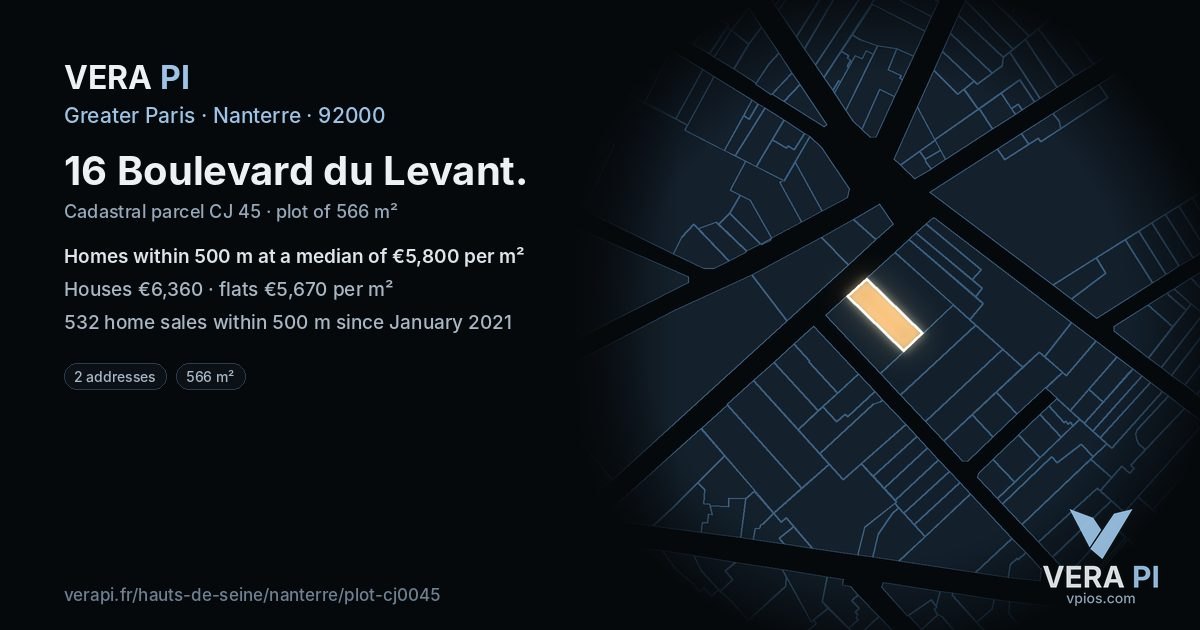 16 Boulevard du Levant, Nanterre at night – the plot lit, the parcels around coloured by the prices near them