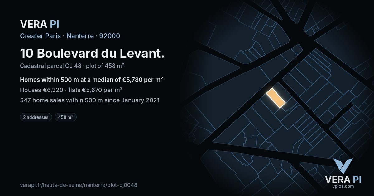 10 Boulevard du Levant, Nanterre at night – the plot lit, the parcels around coloured by the prices near them
