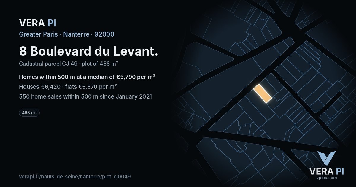 8 Boulevard du Levant, Nanterre at night – the plot lit, the parcels around coloured by the prices near them