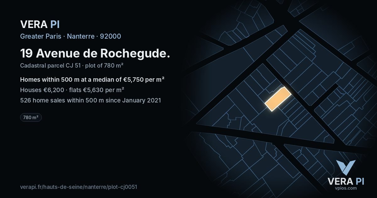 19 Avenue de Rochegude, Nanterre at night – the plot lit, the parcels around coloured by the prices near them