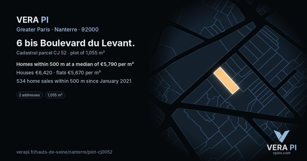 6 bis Boulevard du Levant, Nanterre at night – the plot lit, the parcels around coloured by the prices near them