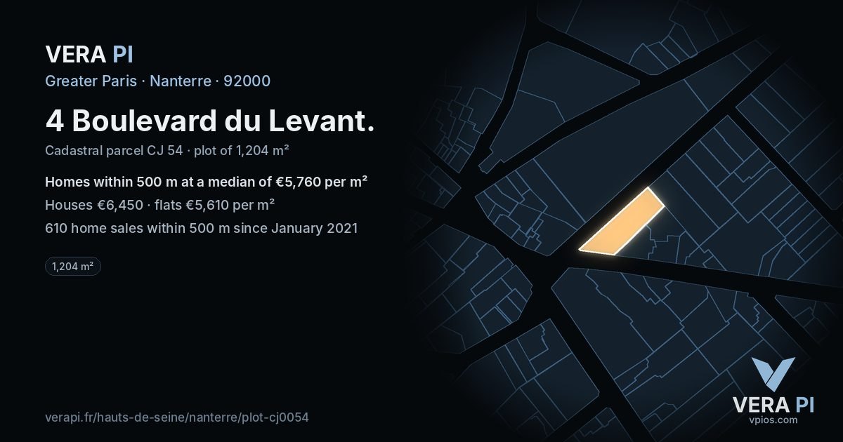 4 Boulevard du Levant, Nanterre at night – the plot lit, the parcels around coloured by the prices near them