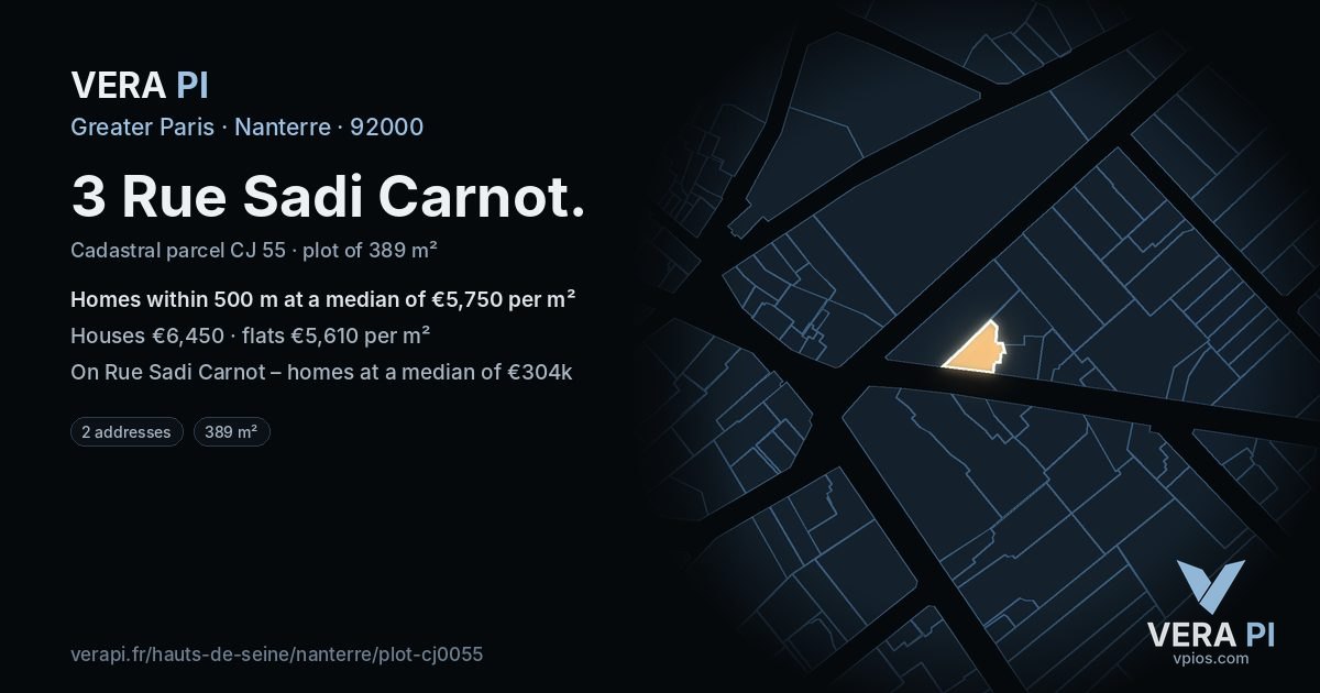 3 Rue Sadi Carnot, Nanterre at night – the plot lit, the parcels around coloured by the prices near them