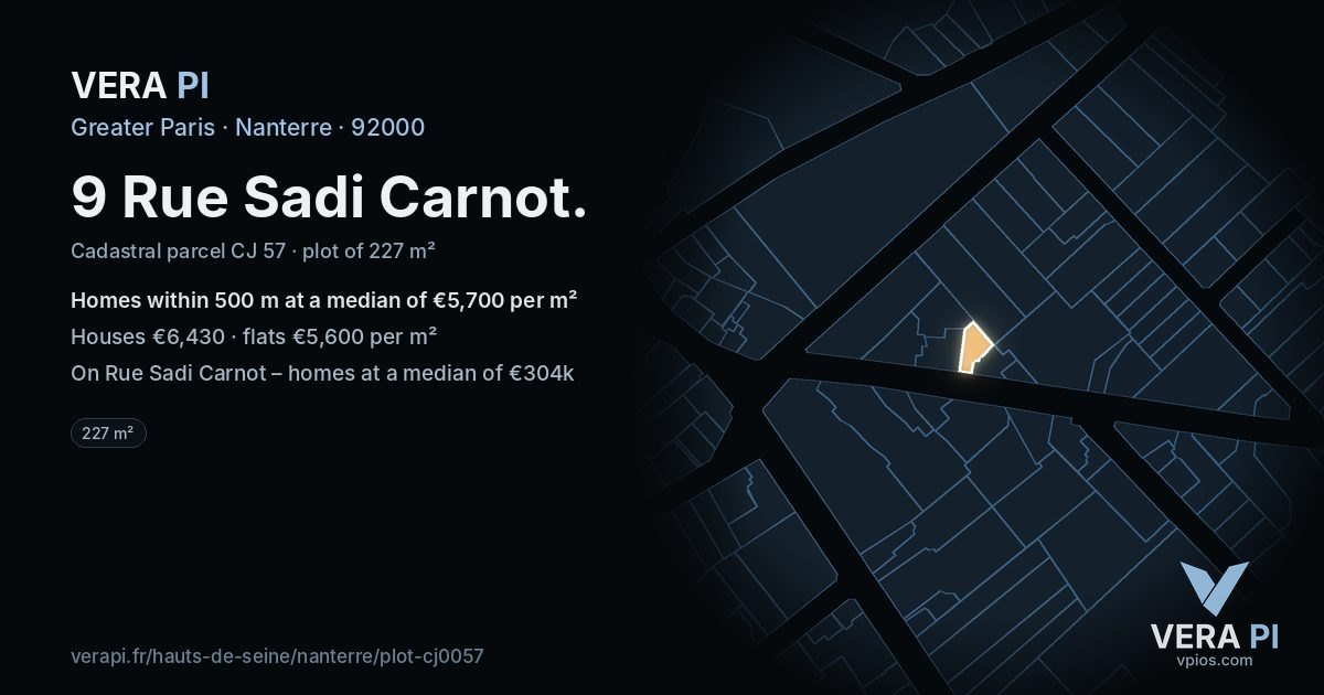 9 Rue Sadi Carnot, Nanterre at night – the plot lit, the parcels around coloured by the prices near them