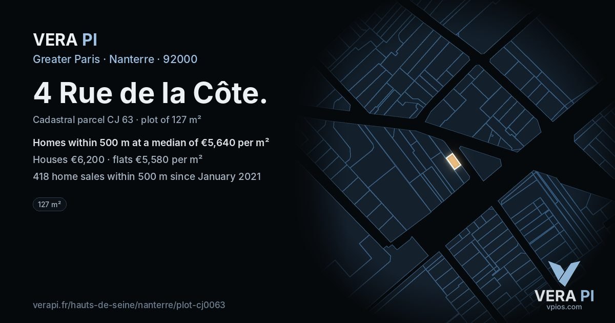 4 Rue de la Côte, Nanterre at night – the plot lit, the parcels around coloured by the prices near them