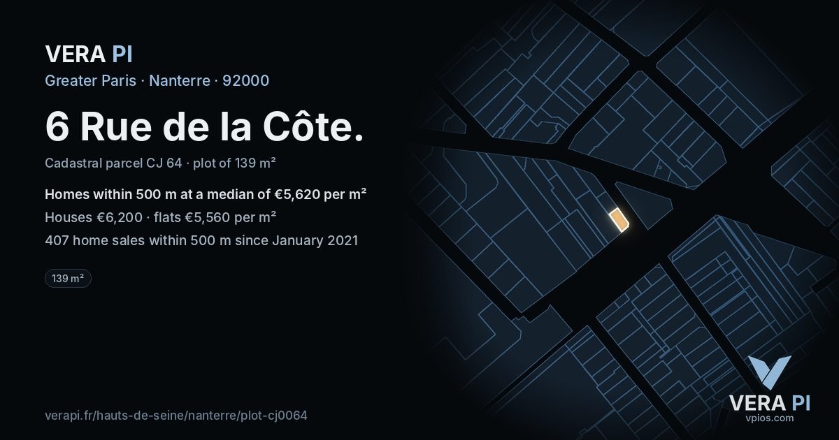 6 Rue de la Côte, Nanterre at night – the plot lit, the parcels around coloured by the prices near them