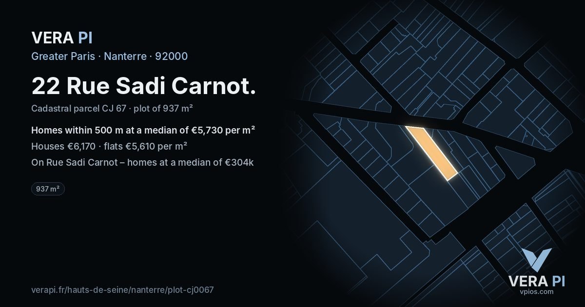 22 Rue Sadi Carnot, Nanterre at night – the plot lit, the parcels around coloured by the prices near them