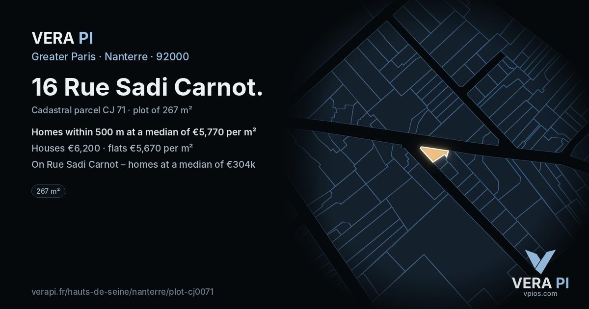 16 Rue Sadi Carnot, Nanterre at night – the plot lit, the parcels around coloured by the prices near them