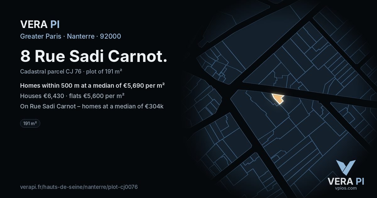 8 Rue Sadi Carnot, Nanterre at night – the plot lit, the parcels around coloured by the prices near them