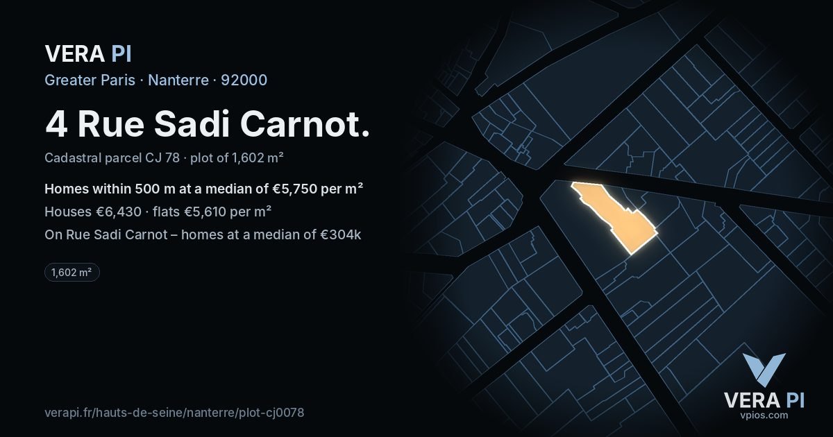 4 Rue Sadi Carnot, Nanterre at night – the plot lit, the parcels around coloured by the prices near them