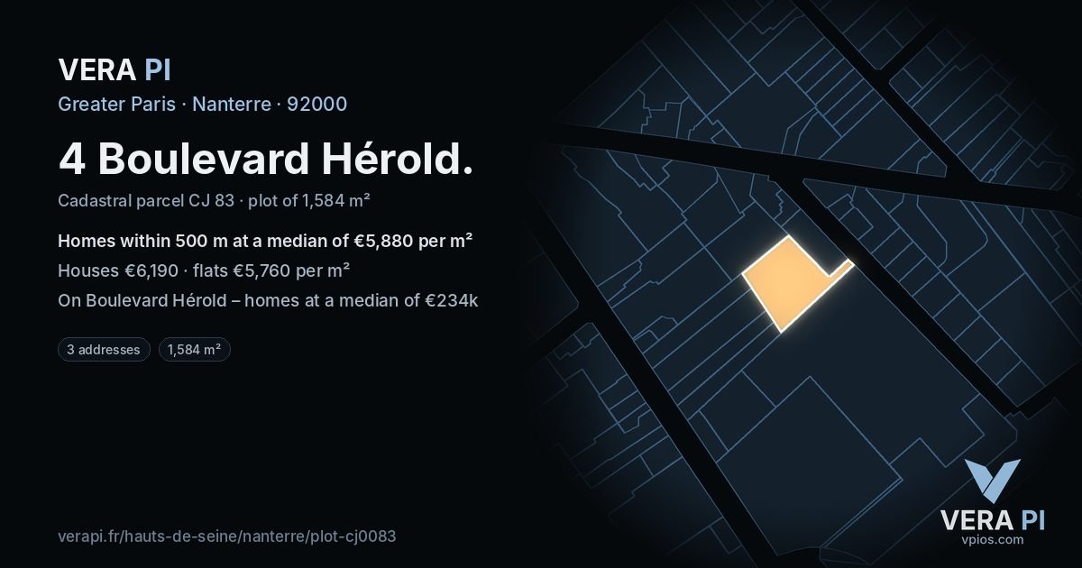 4 Boulevard Hérold, Nanterre at night – the plot lit, the parcels around coloured by the prices near them