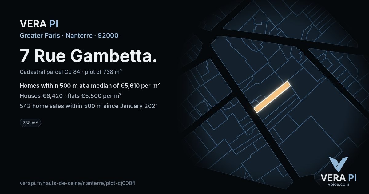 7 Rue Gambetta, Nanterre at night – the plot lit, the parcels around coloured by the prices near them