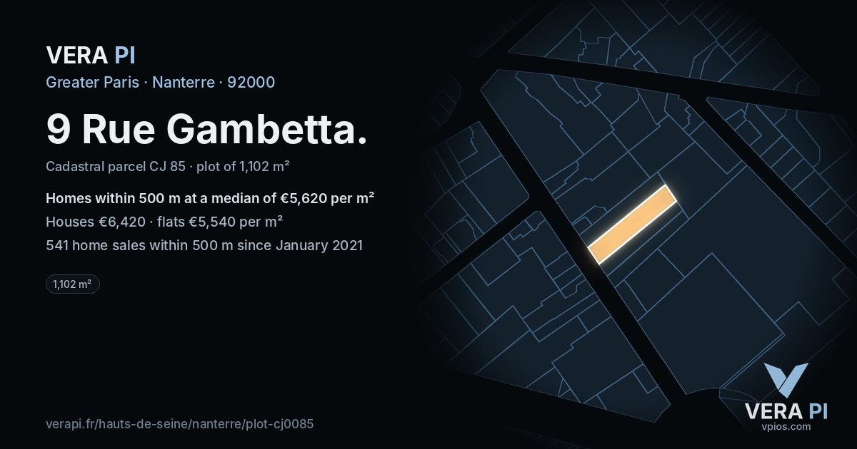 9 Rue Gambetta, Nanterre at night – the plot lit, the parcels around coloured by the prices near them