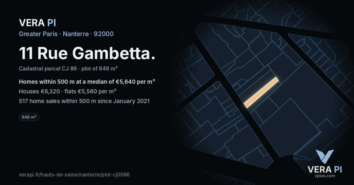 11 Rue Gambetta, Nanterre at night – the plot lit, the parcels around coloured by the prices near them